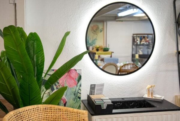 espejo negro con luz y una planta- muebles san simón